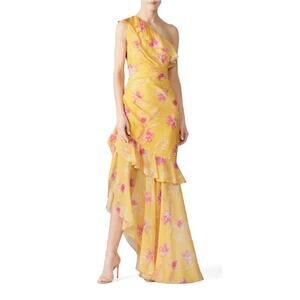 AMUR Vi yellow floral ruffle one shoulder gown 4